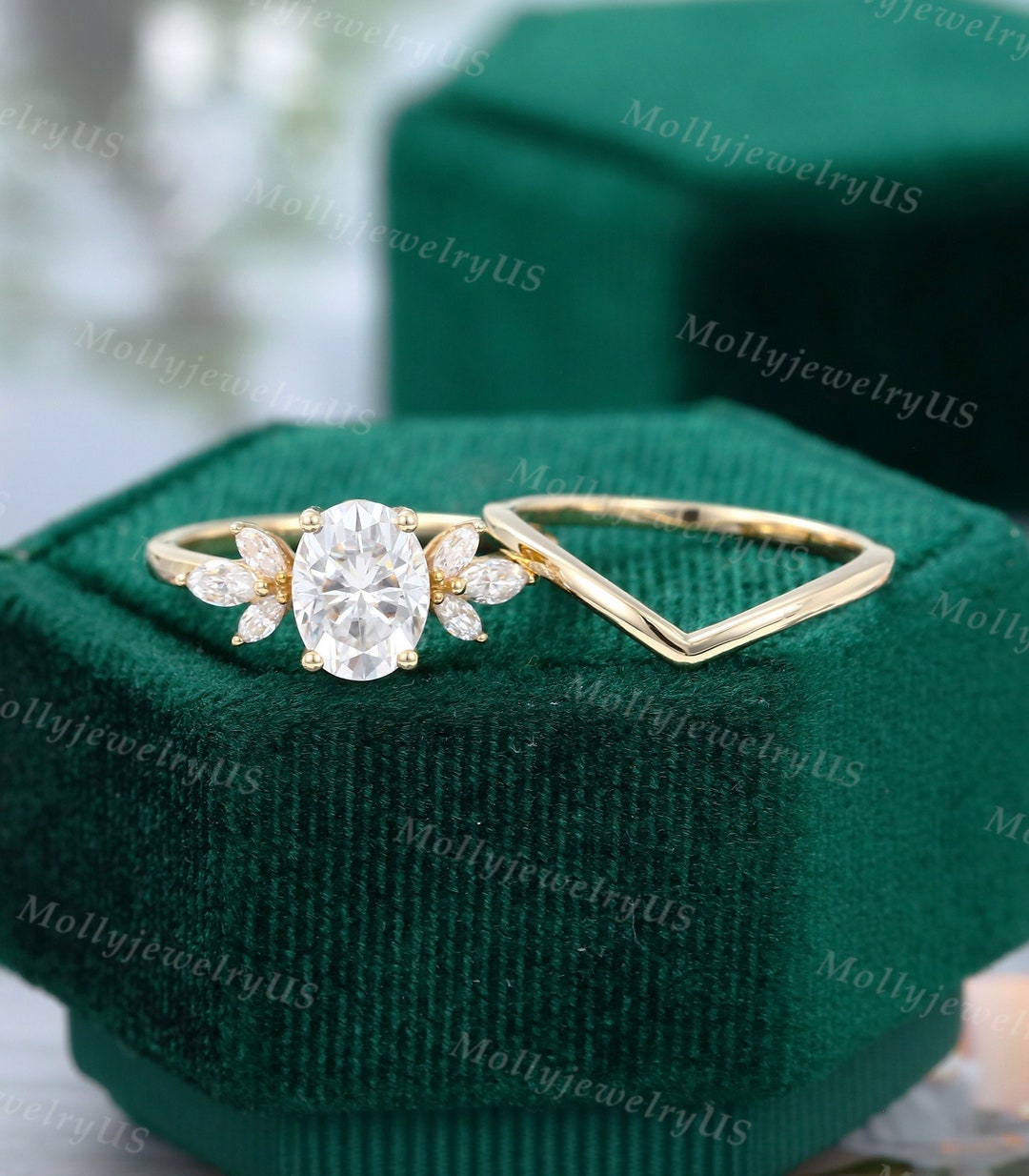 Oval Cut Moissanite Engagement Ring Set Vintage Unique Yellow Gold ...