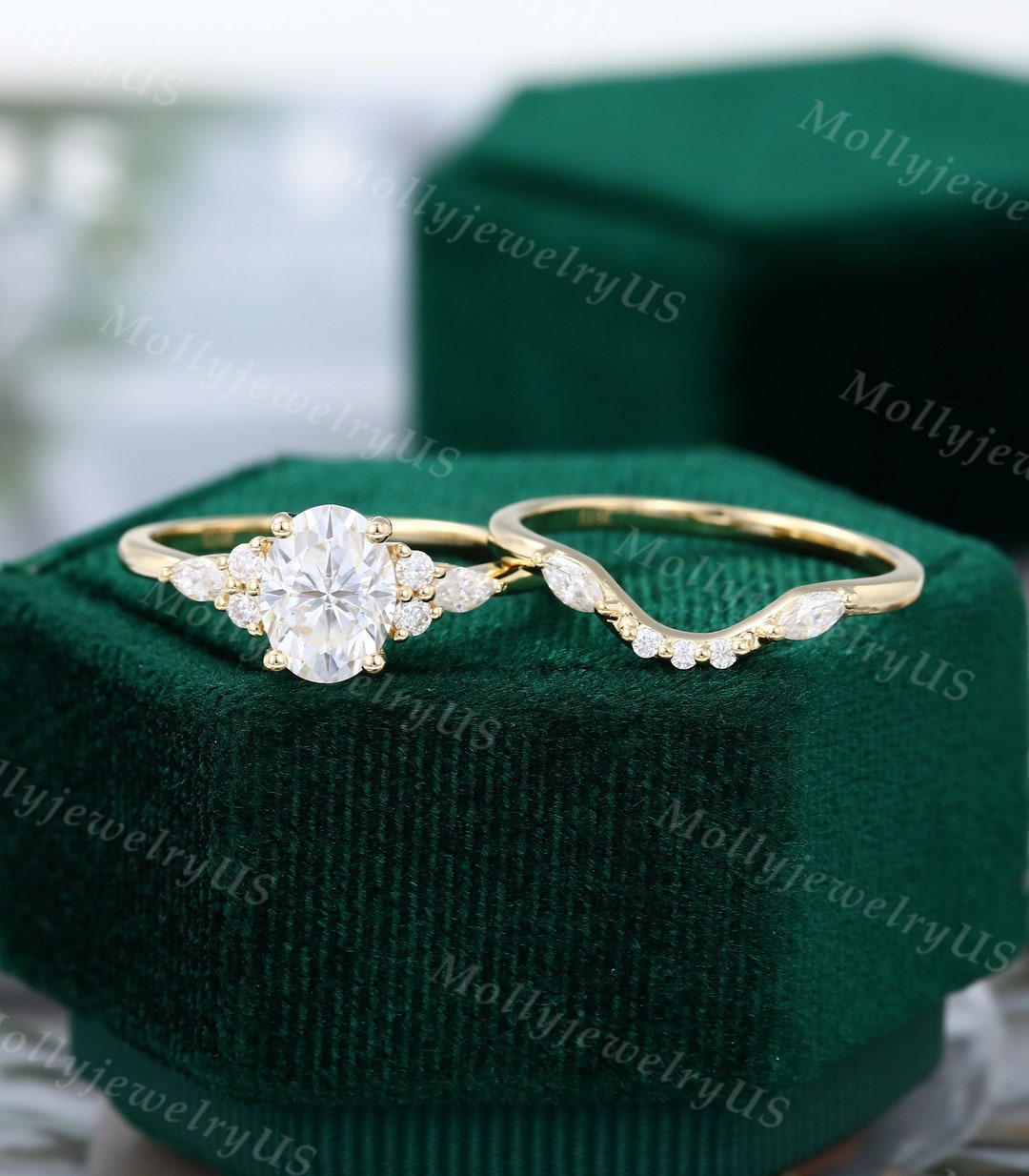 Oval Cut Moissanite Engagement Ring Set Vintage Diamond Yellow Gold ...