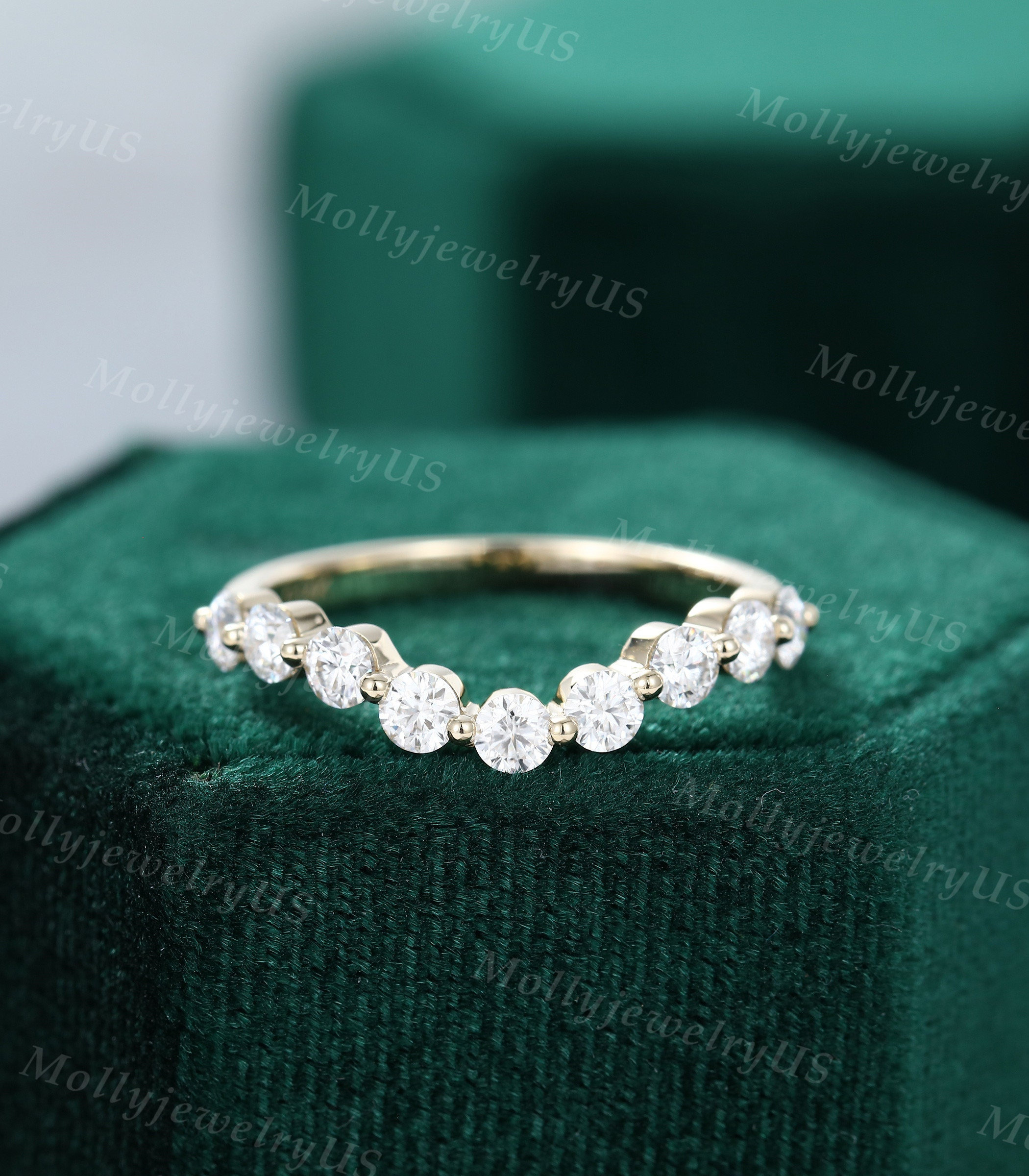 Curved Wedding Band Vintage Solid 14K Yellow Gold Moissanite Wedding ...