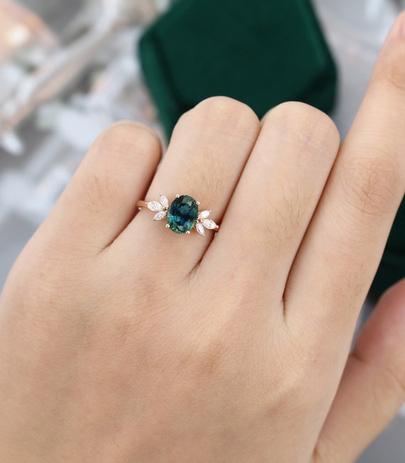 Oval Green Blue Sapphire Engagement Ring Vintage Unique - Etsy