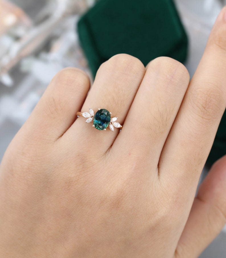 Oval Green Blue Sapphire Engagement Ring Vintage Unique Etsy