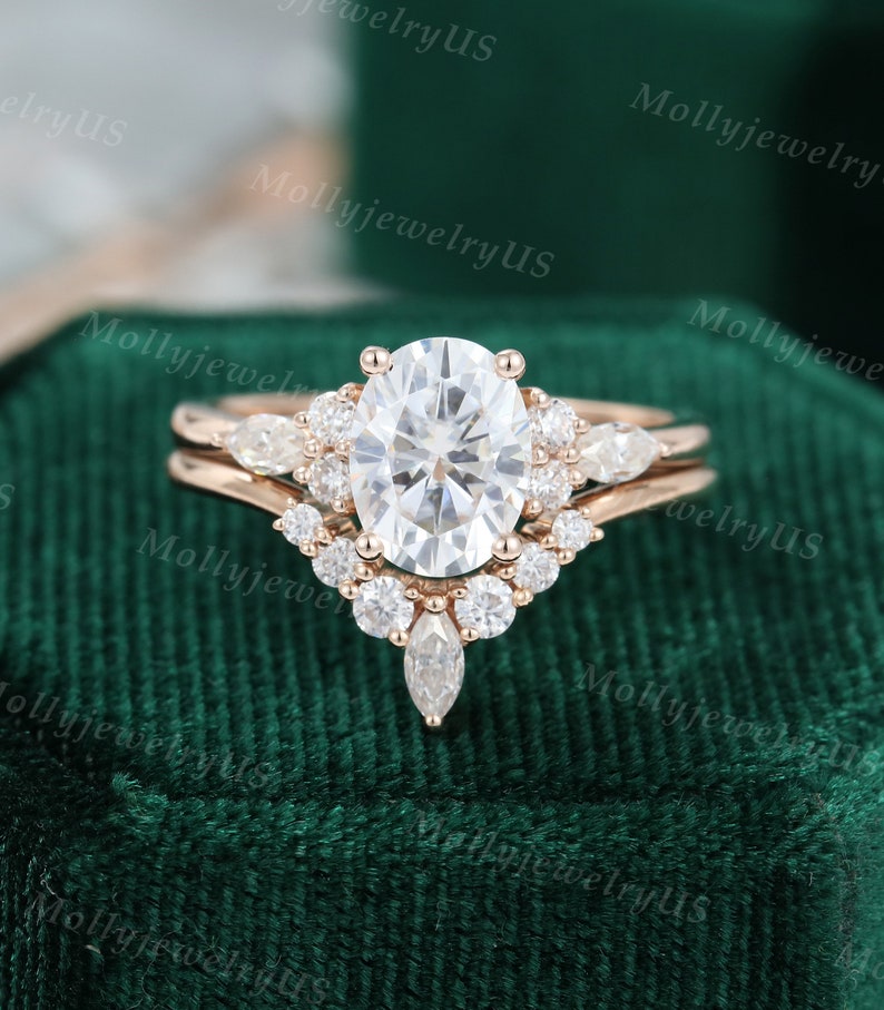 Oval Moissanite engagement ring set vintage unique rose gold engagement ring women Marquise Cluster ring diamond wedding Bridal Promise ring image 4