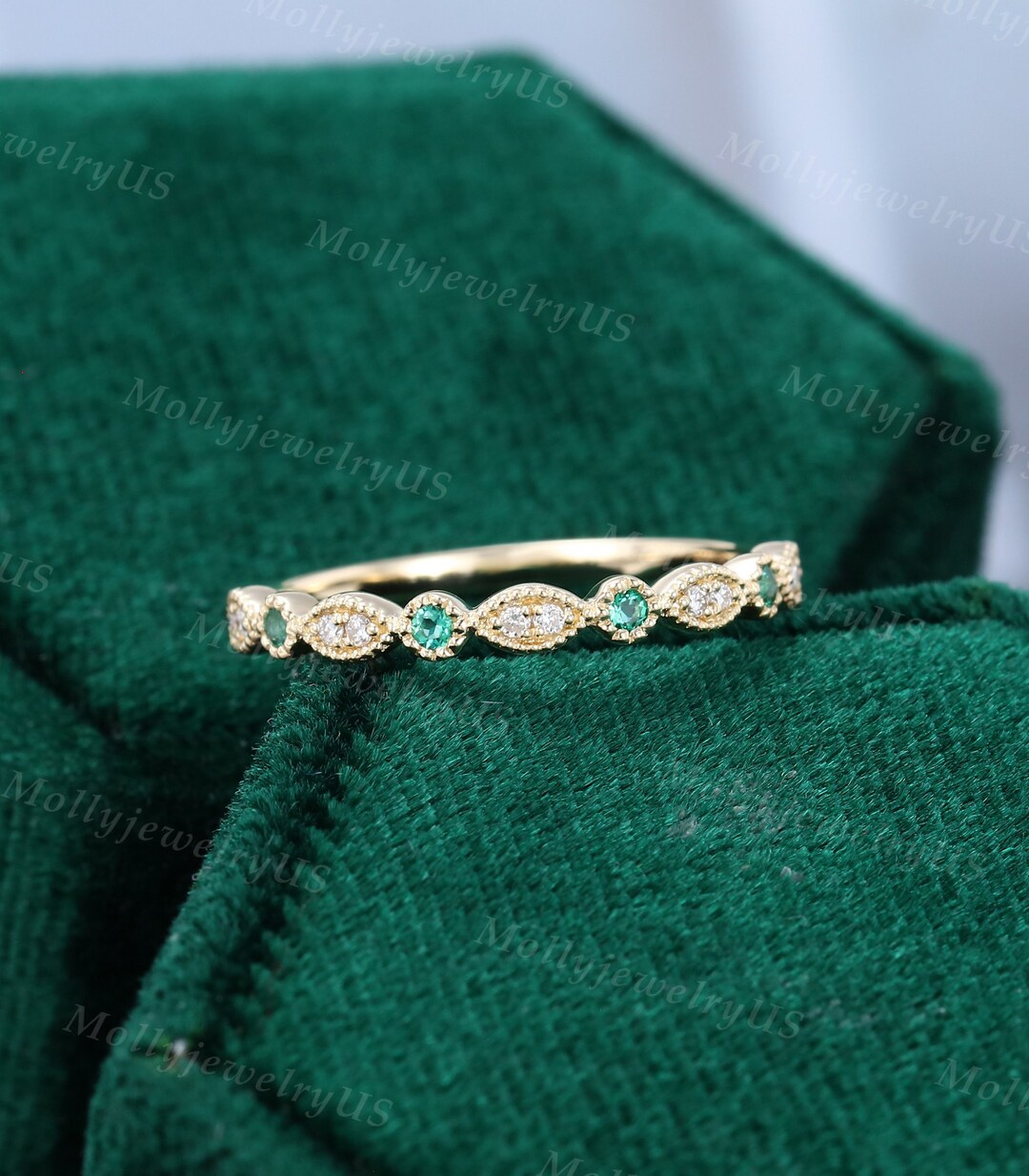 Half Eternity Moissanite Wedding Band Vintage Yellow Gold Unique