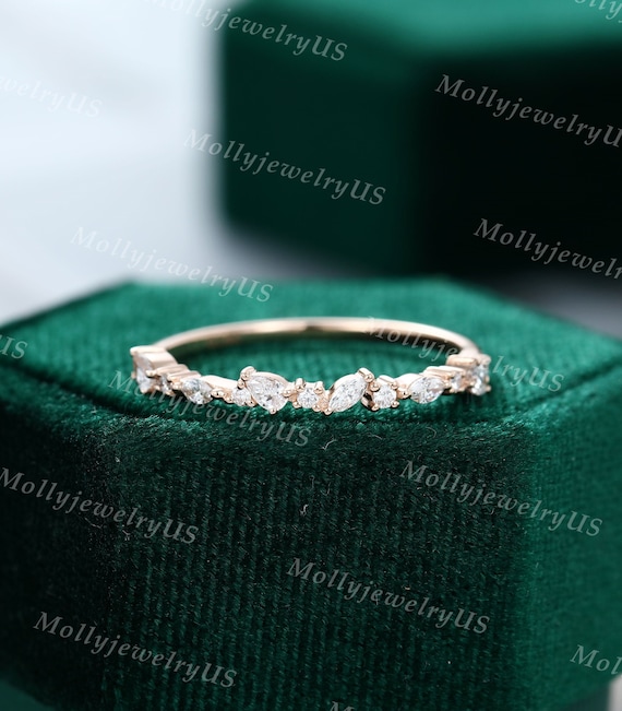 Moissanite Wedding Band Rose Gold Wedding Band Women Unique Half