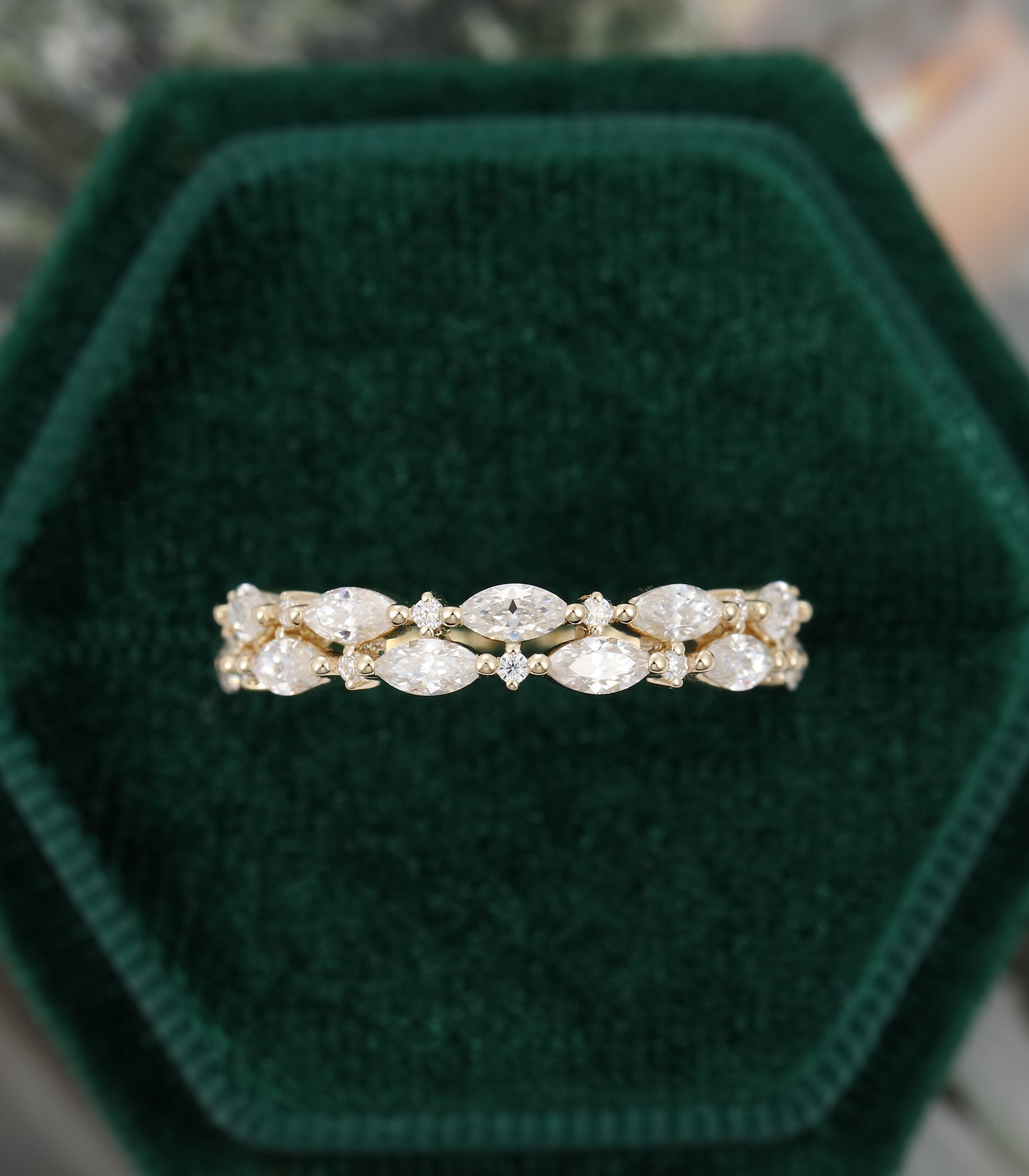 Unique Double Marquise Cut Moissanite Wedding Band Vintage Yellow Gold ...