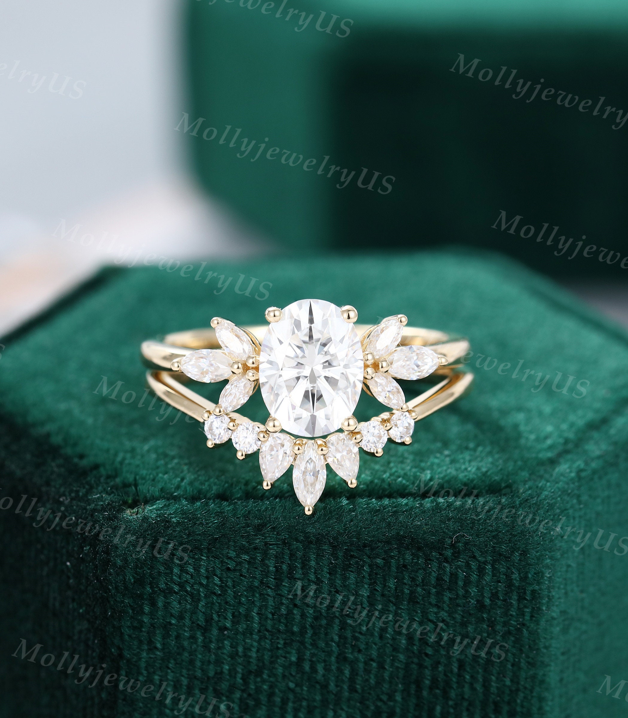 Oval Moissanite Engagement Ring Set Vintage Unique Yellow Gold Marquise ...