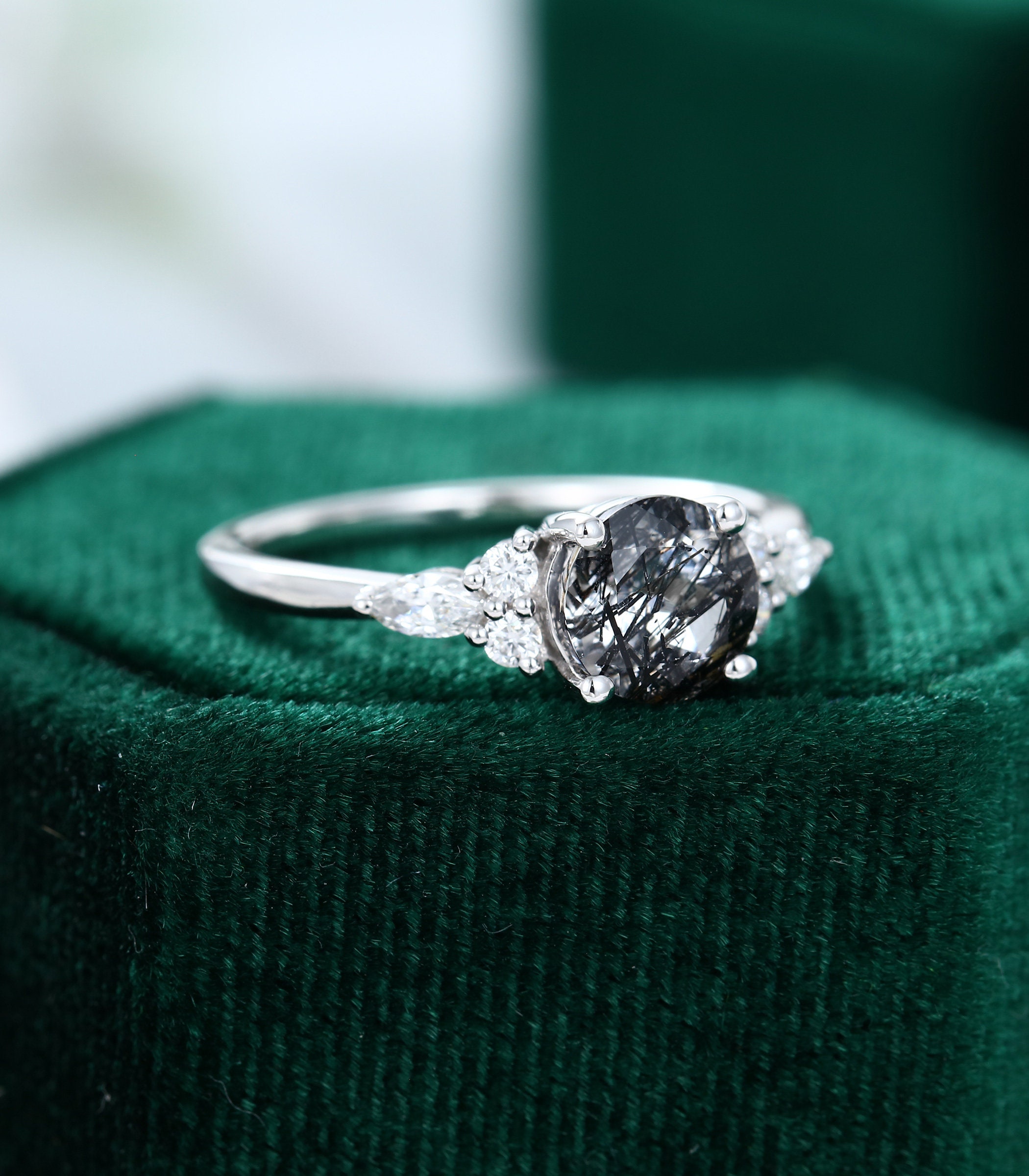 Black Rutilated Quartz Engagement Ring Vintage White Gold - Etsy