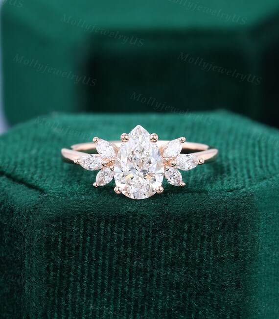 1.4 CT Pear Shaped Lab Diamond Ring Antique Rose Gold Engagement Ring Marquise Cut Cluster Ring Wedding Bridal Ring Inspired Marriage Ring Etsy