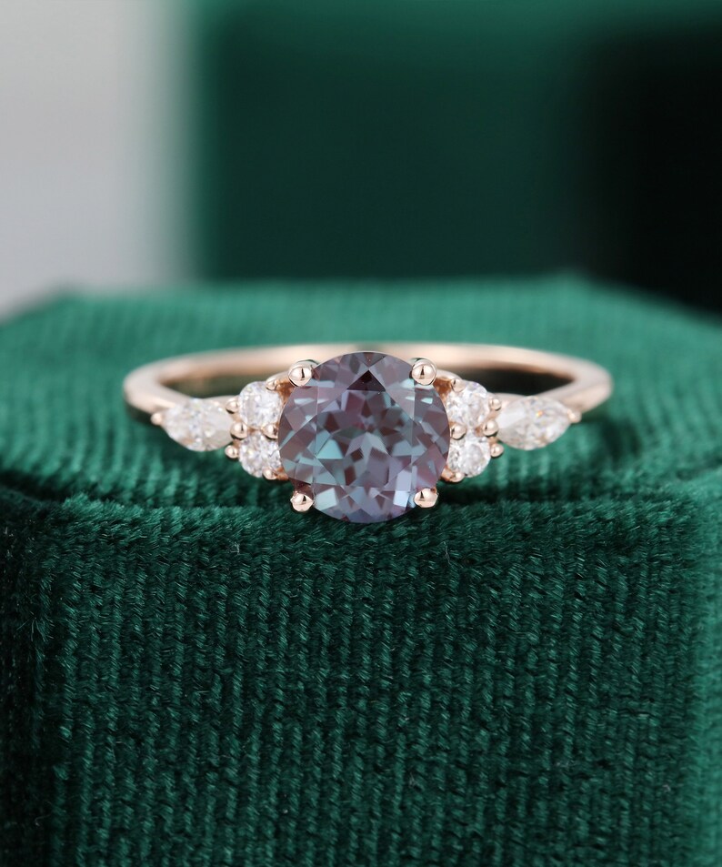 Alexandrite Engagement Ring Set Unique Marquise Cluster Rose - Etsy