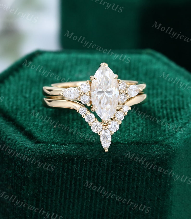 Marquise Cut Moissanite Engagement Ring Set Vintage Yellow Gold Unique ...