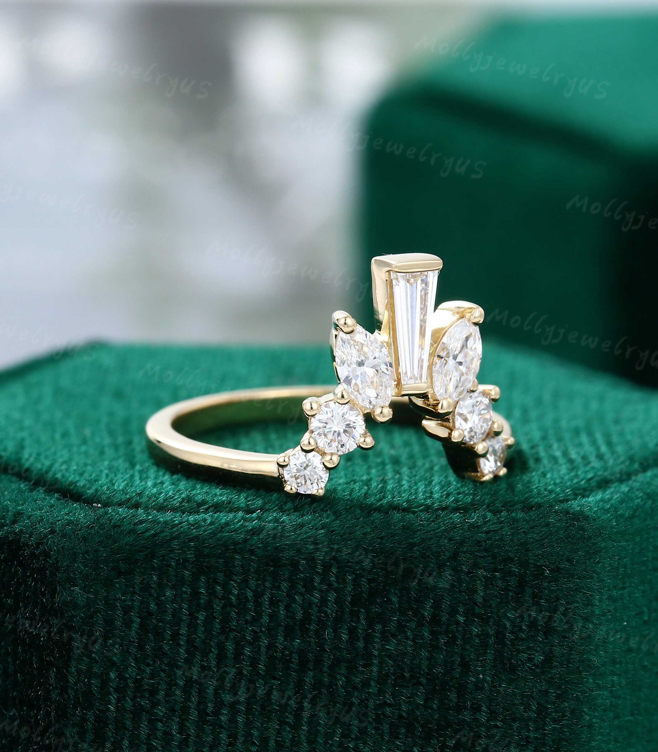 Curved Wedding Band Women Vintage Baguette Yellow Gold Moissanite ...