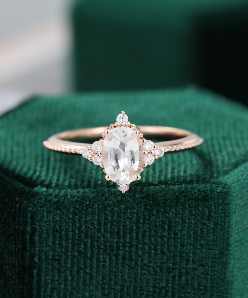 Oval Cut White Sapphire Engagement Ring Rose Gold Unique - Etsy