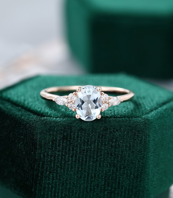 Oval Aquamarine engagement ring vintage Unique rose gold | Etsy