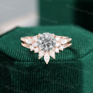 Moissanite engagement ring set rose gold unique Cluster engagement ring Diamond vintage Marquise Pear shaped Promise Anniversary ring image 9