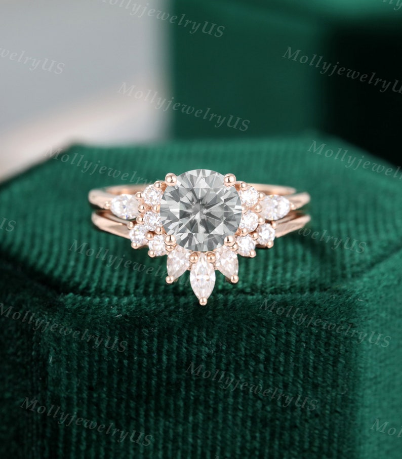 Moissanite engagement ring set rose gold unique Cluster engagement ring Diamond vintage Marquise Pear shaped Promise Anniversary ring image 9