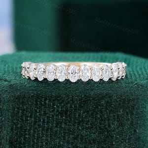 Oval cut Lab grown diamond wedding band Solid yellow gold half eternity ring Vintage wedding ring Unique stacking matching band Bridal ring
