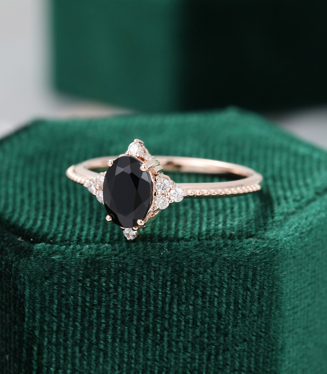Oval Cut Black Onyx Engagement Ring Vintage Unique Rose Gold Etsy