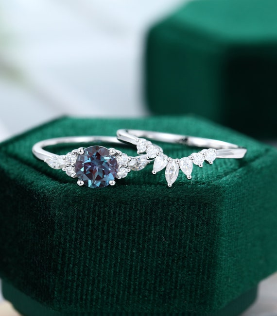 Alexandrite Engagement Ring Set White Gold Unique Marquise Cut - Etsy