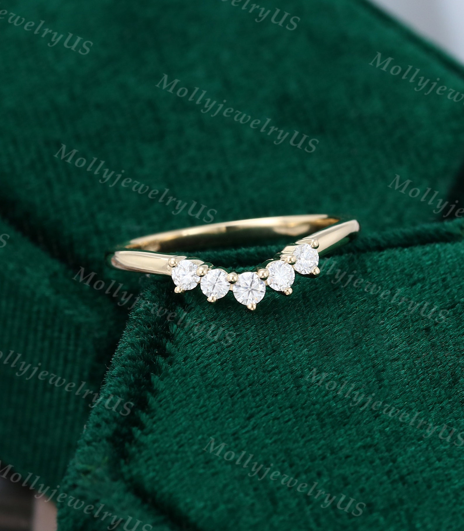 Curved Moissanite Wedding Band Vintage Yellow Gold Wedding Band Women ...