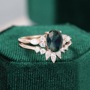 Green Blue Sapphire engagement ring set vintage unique rose gold engagement ring woman Marquise Diamond wedding Bridal Anniversary ring image 5