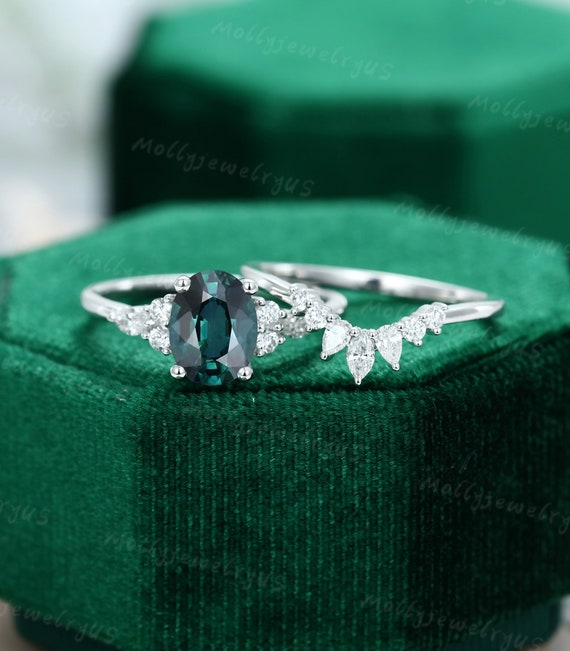 Oval Green Blue Sapphire engagement ring set vintage unique | Etsy