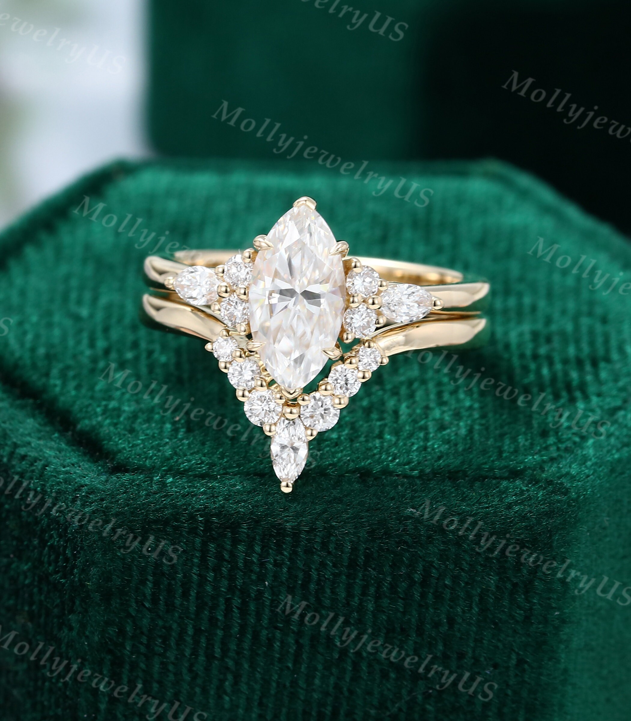 Marquise Cut Moissanite Engagement Ring Set Vintage Yellow Gold Unique ...