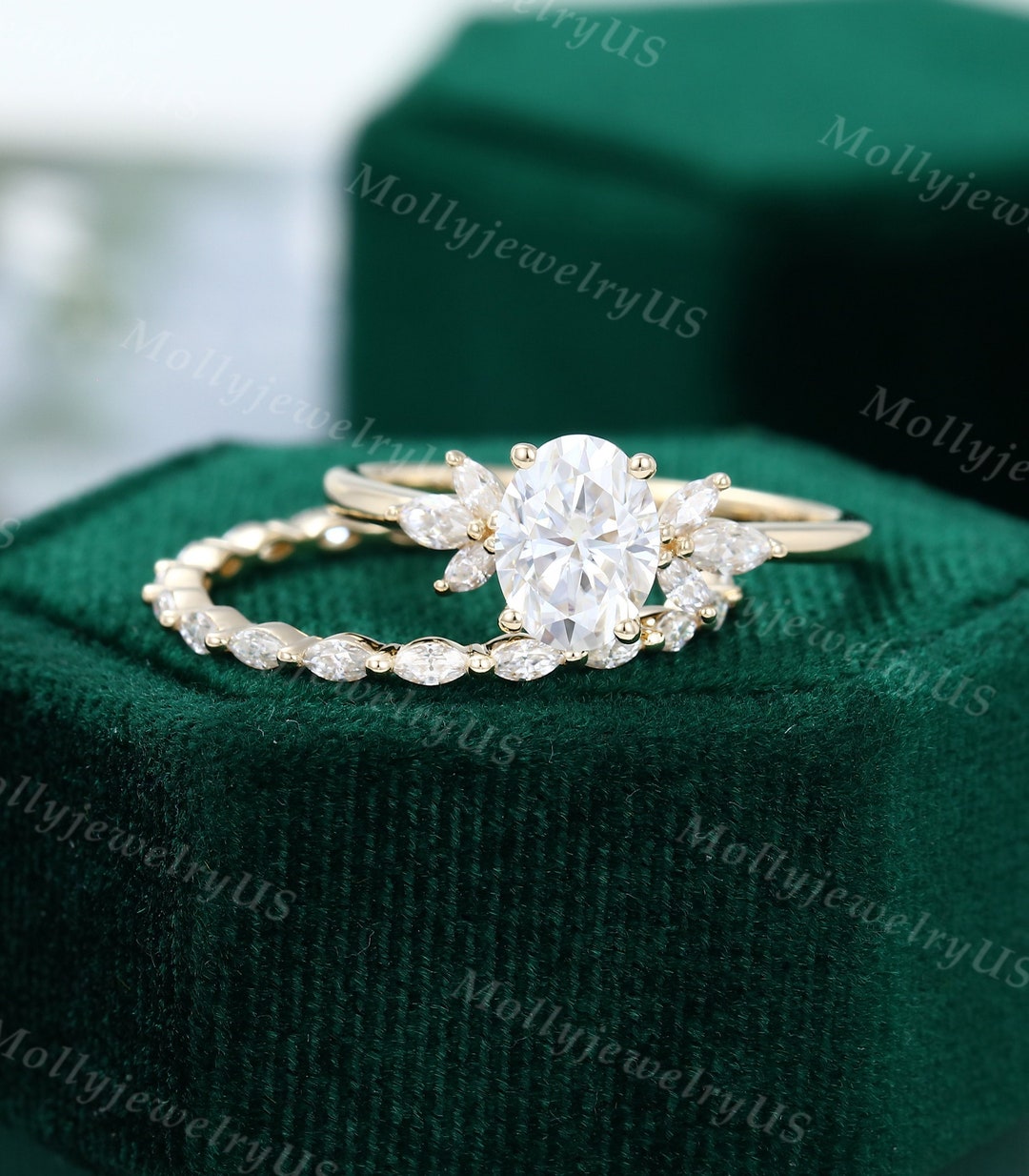 Oval Moissanite Engagement Ring Set Vintage Yellow Gold Engagement Ring ...