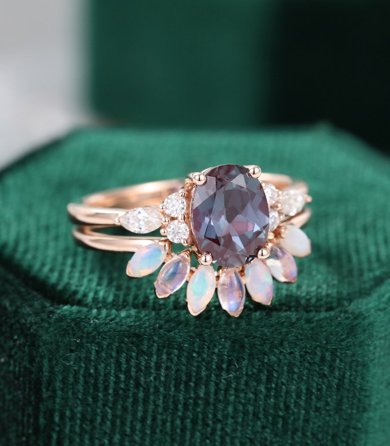 Oval Alexandrite Engagement Ring Set Vintage Unique Moissanite - Etsy