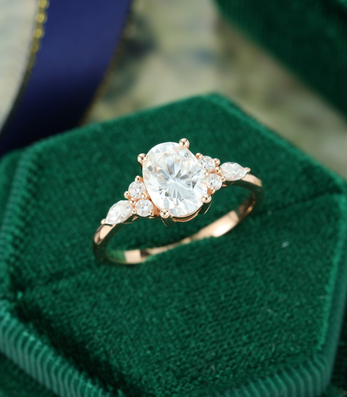 Oval Moissanite engagement ring vintage unique Cluster rose image 3