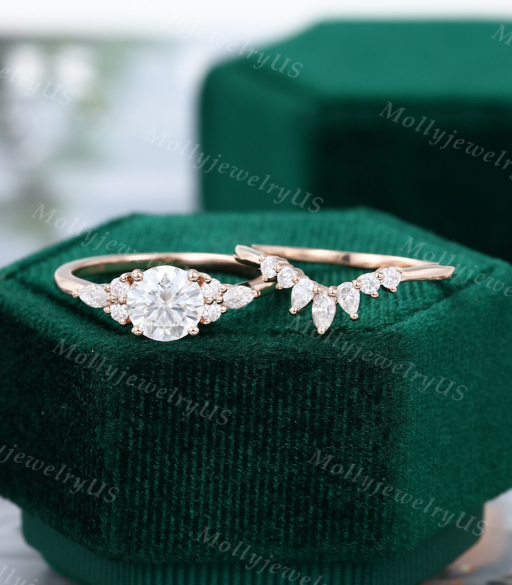 Moissanite engagement ring set rose gold unique Cluster engagement ri…