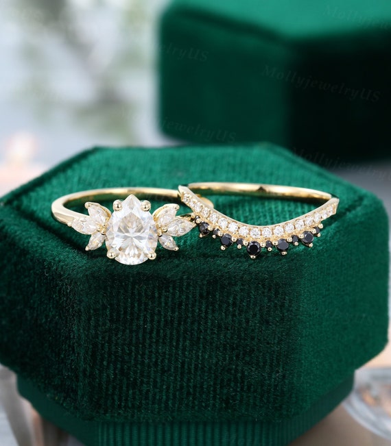 Pear Shaped Moissanite Engagement Ring Set Vintage Unique - Etsy