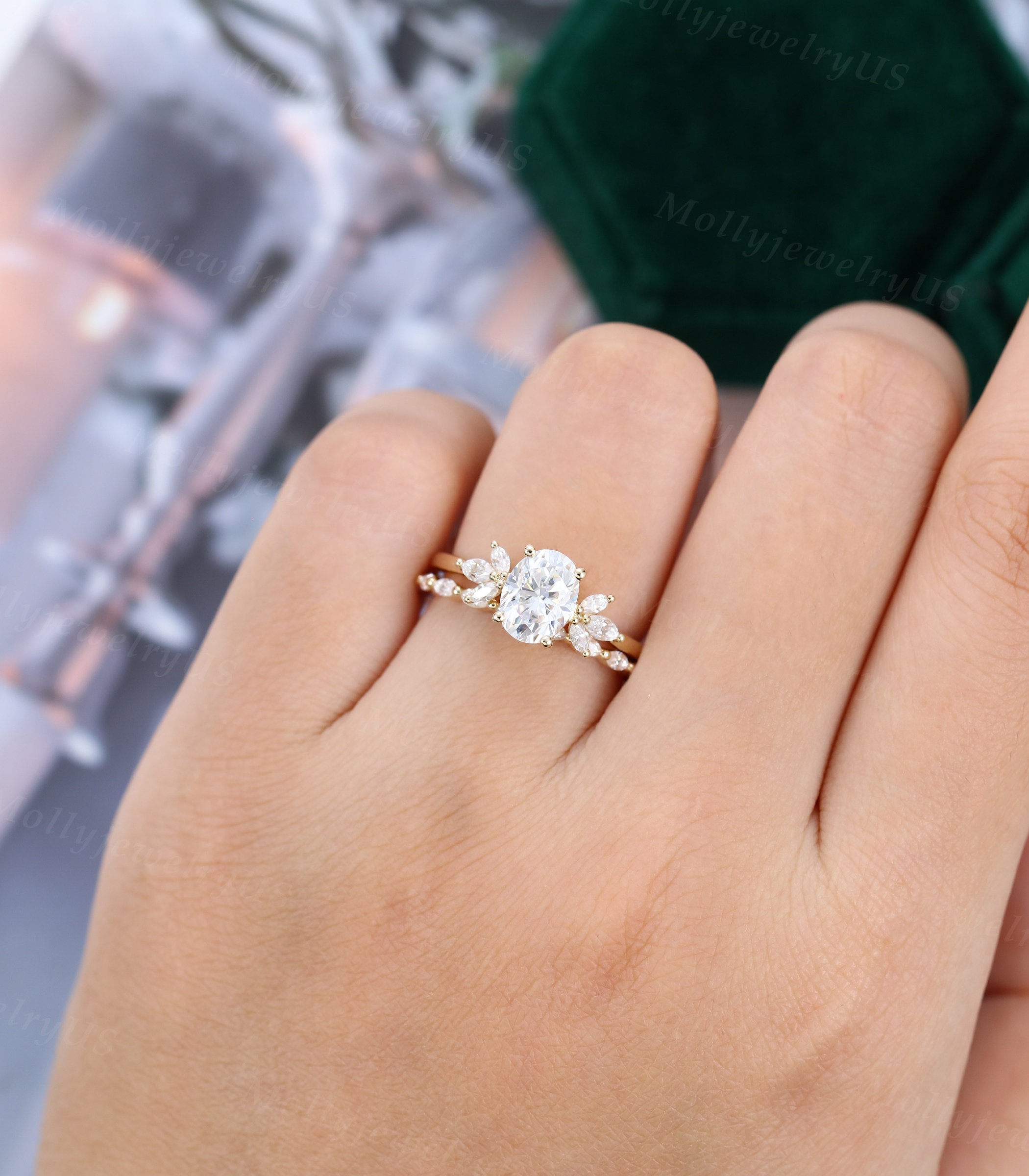 Oval Moissanite Engagement Ring Set Vintage Yellow Gold Engagement Ring ...
