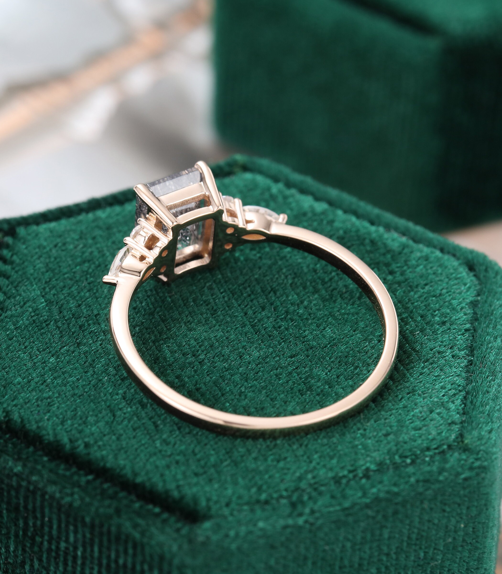 Emerald Cut Black Rutilated Quartz Engagement Ring Vintage - Etsy