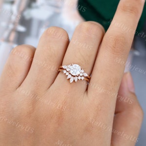 Moissanite engagement ring set rose gold unique Cluster engagement ring Diamond vintage Marquise Pear shaped Promise Anniversary ring image 7