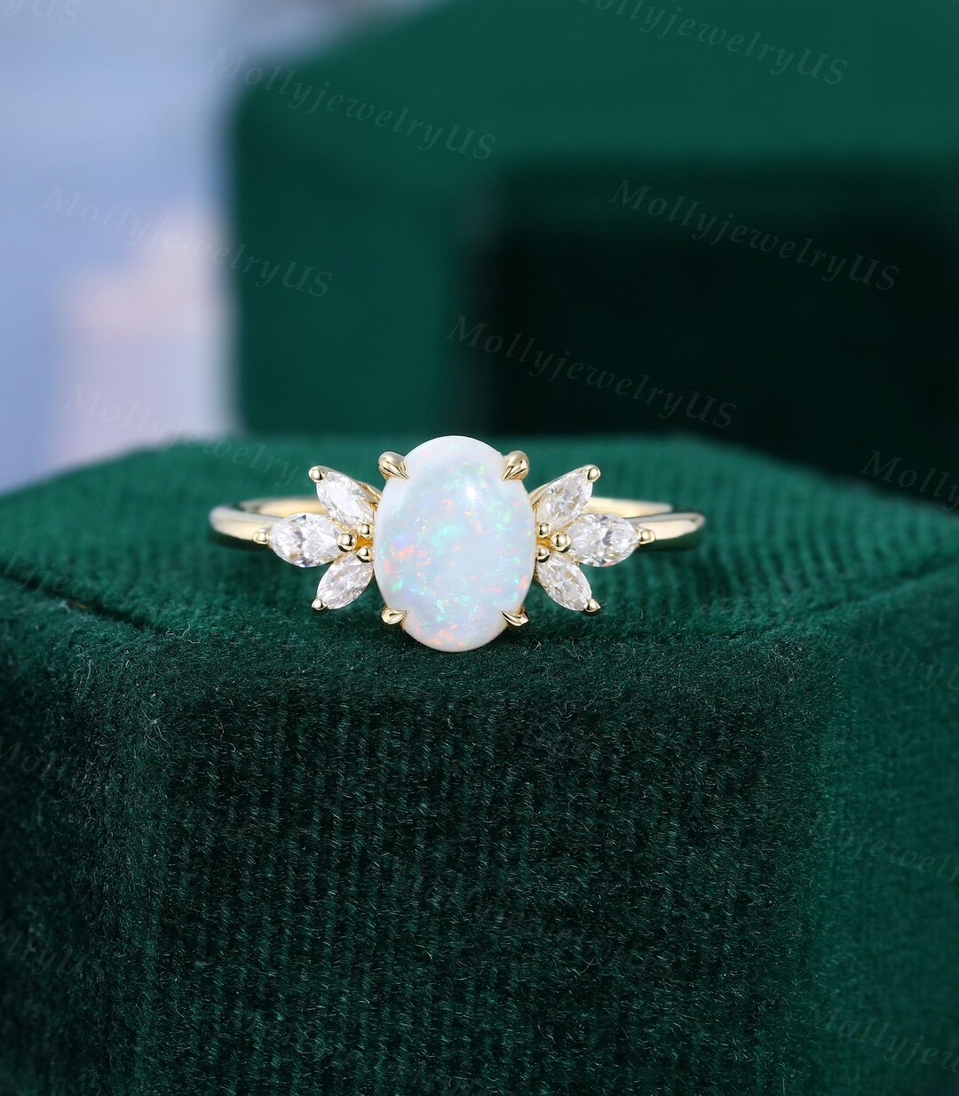 Oval Cut Opal Engagement Ring Vintage Yellow Gold Moissanite Ring ...