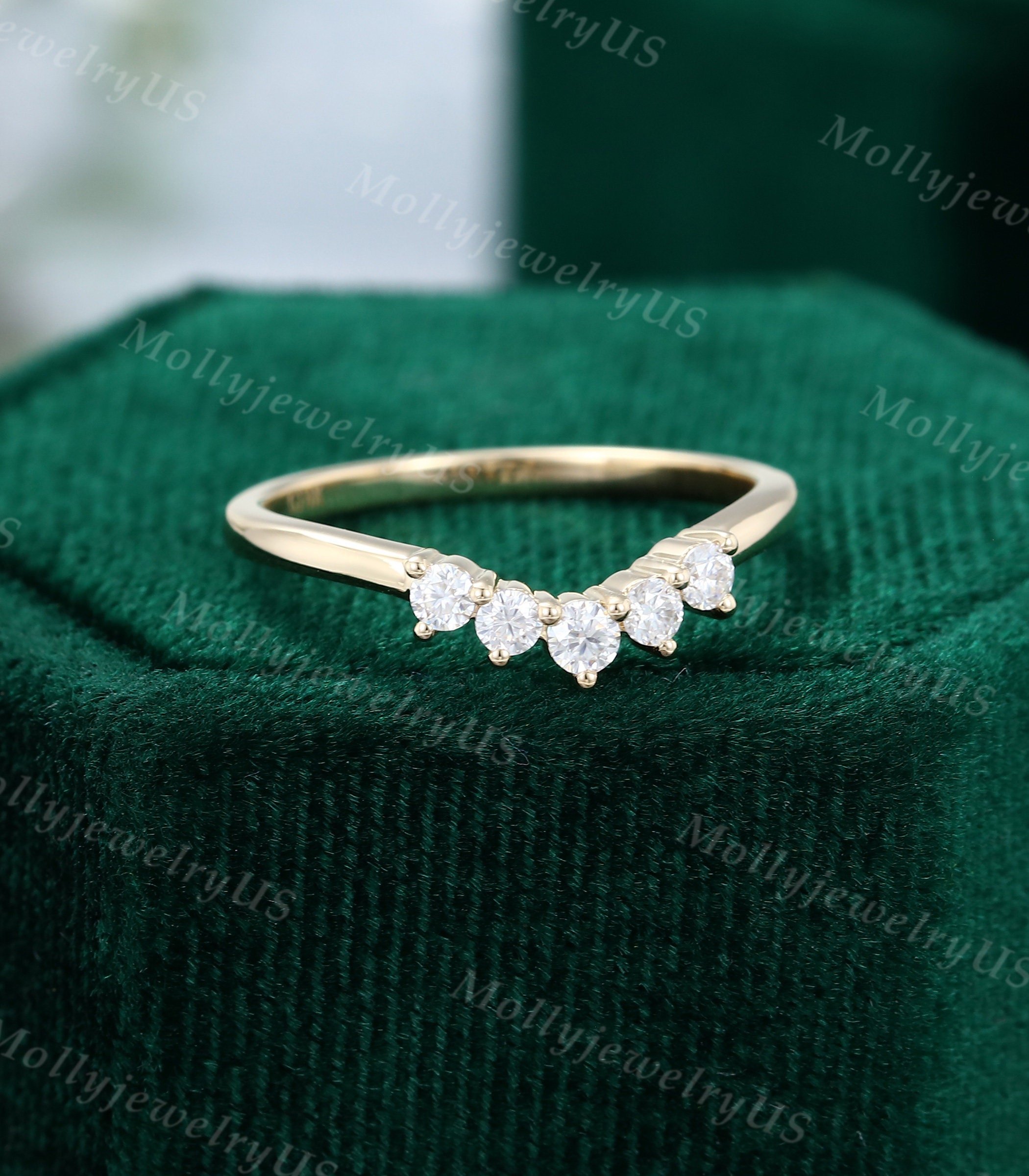 Curved Moissanite Wedding Band Vintage Yellow Gold Wedding Band Women ...