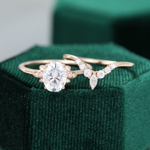 Oval moss agate engagement ring vintage unique Cluster rose gold engagement ring women Marquise diamond wedding Bridal art deco Anniversary