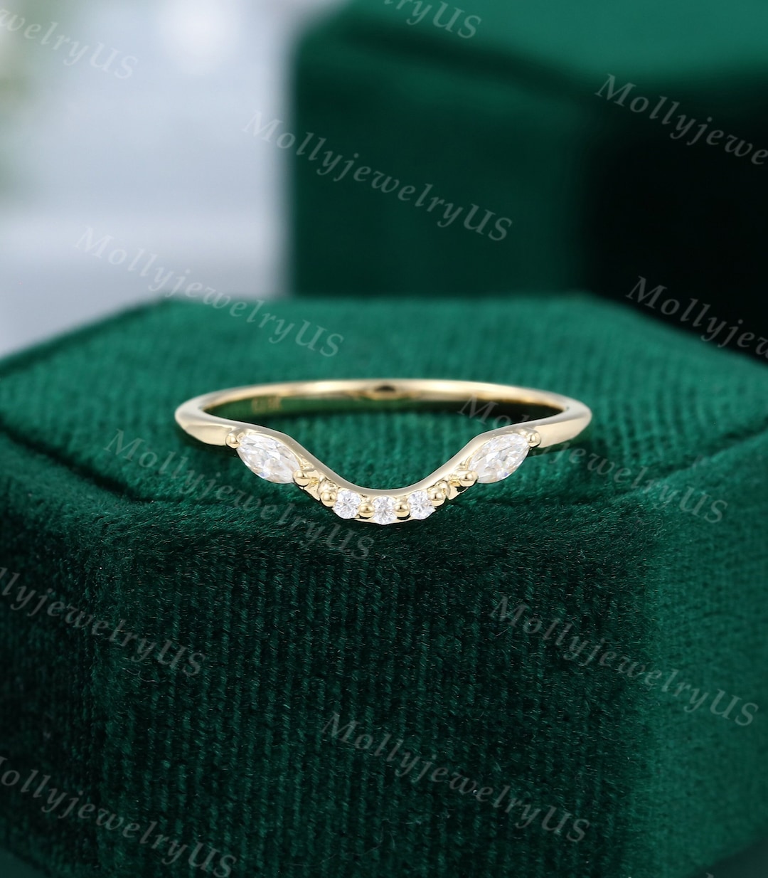 Curved Wedding Band Women Moissanite Cluster Yellow Gold Wedding Band ...