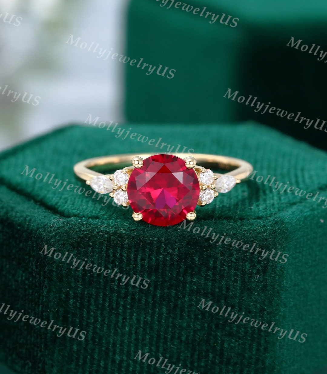 Lab Ruby Engagement Ring Vintage Yellow Gold Unique Cluster Engagement