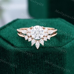 Moissanite engagement ring set rose gold unique Cluster engagement ring Diamond vintage Marquise Pear shaped Promise Anniversary ring image 4