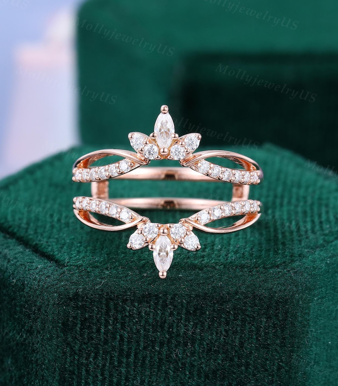 Marquise Cut Moissanite Double Wedding Band Vintage Rose Gold Open ...