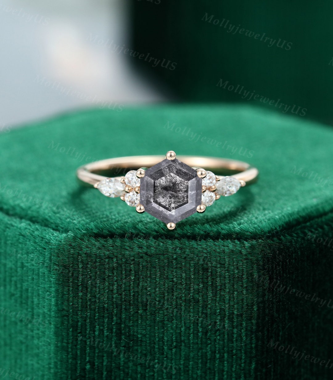 Vintage Hexagon Cut Salt and Pepper Diamond Engagement Ring Etsy