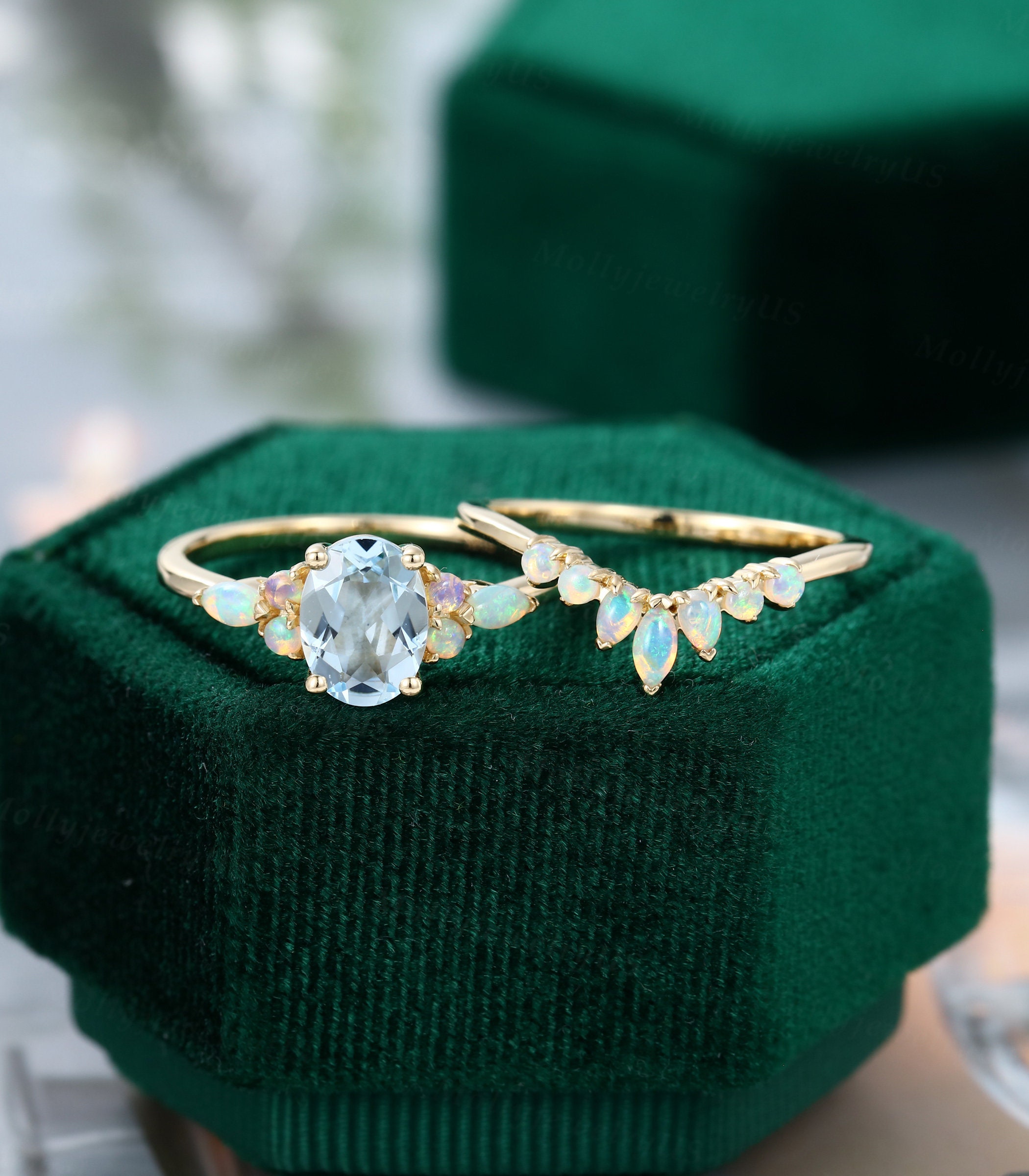 Oval Aquamarine Engagement Ring Set Vintage Ring Set Yellow | Etsy