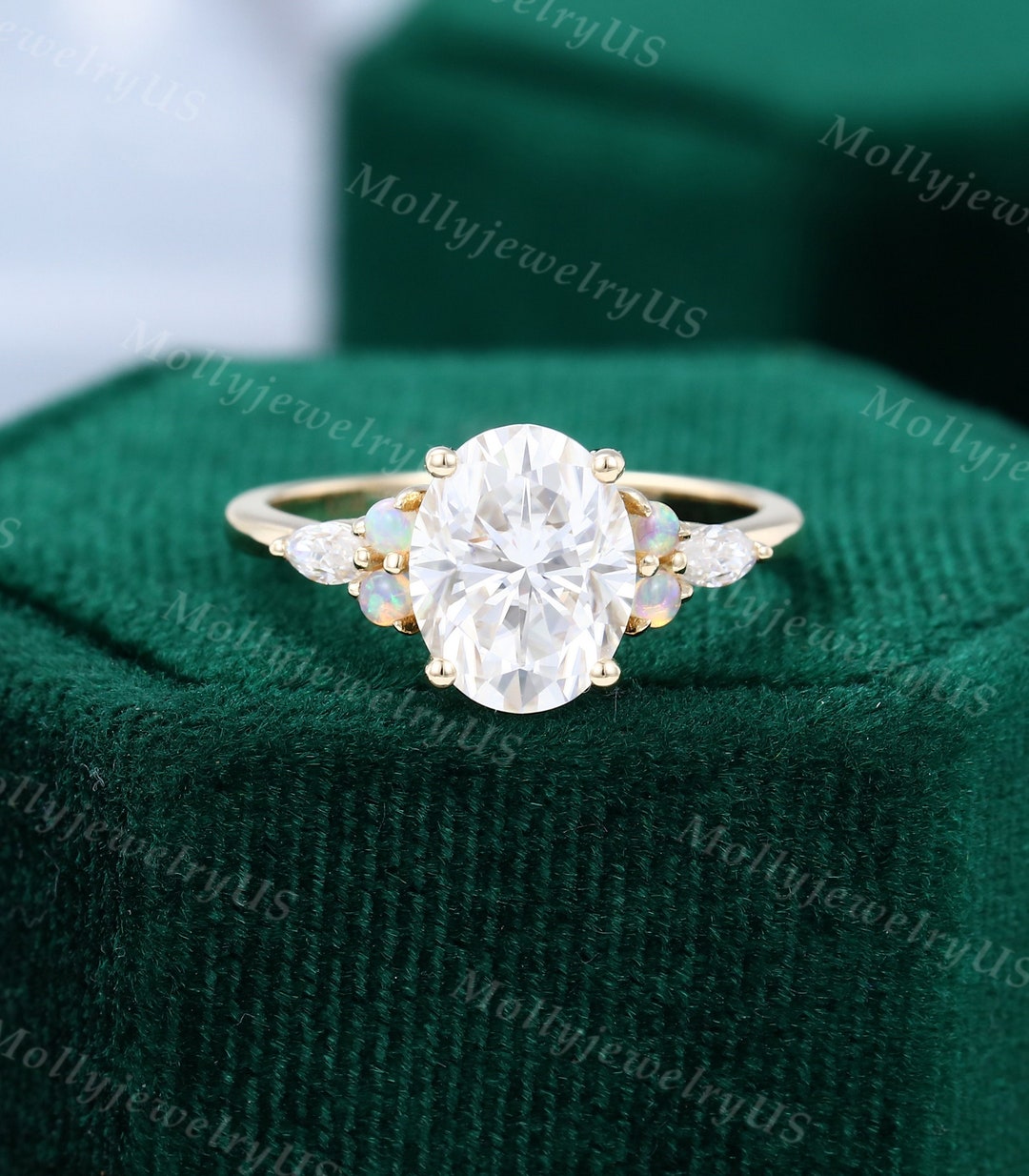 Vintage Oval Cut Moissanite Engagement Ring Unique Cluster Yellow Gold ...