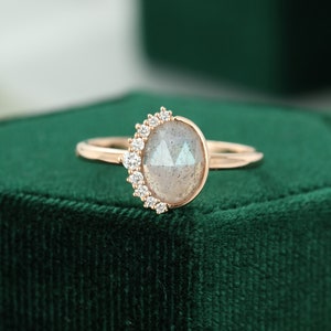 Labradorite engagement ring rose gold unique engagement ring women Oval rose cut Labradorite ring halo diamond Bridal vintage jewelry ring image 2