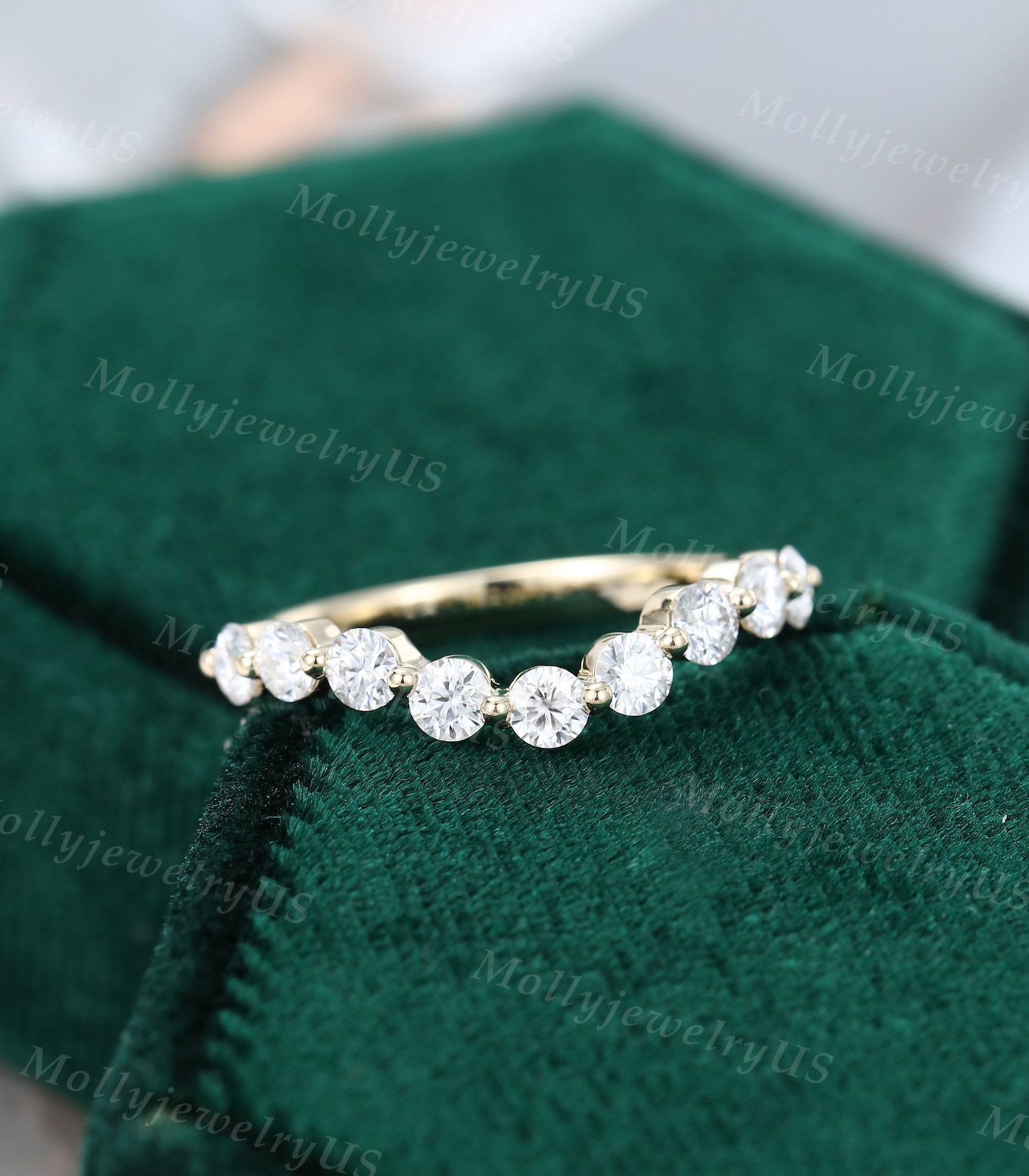 Curved Wedding Band Vintage Solid 14K Yellow Gold Moissanite Wedding ...