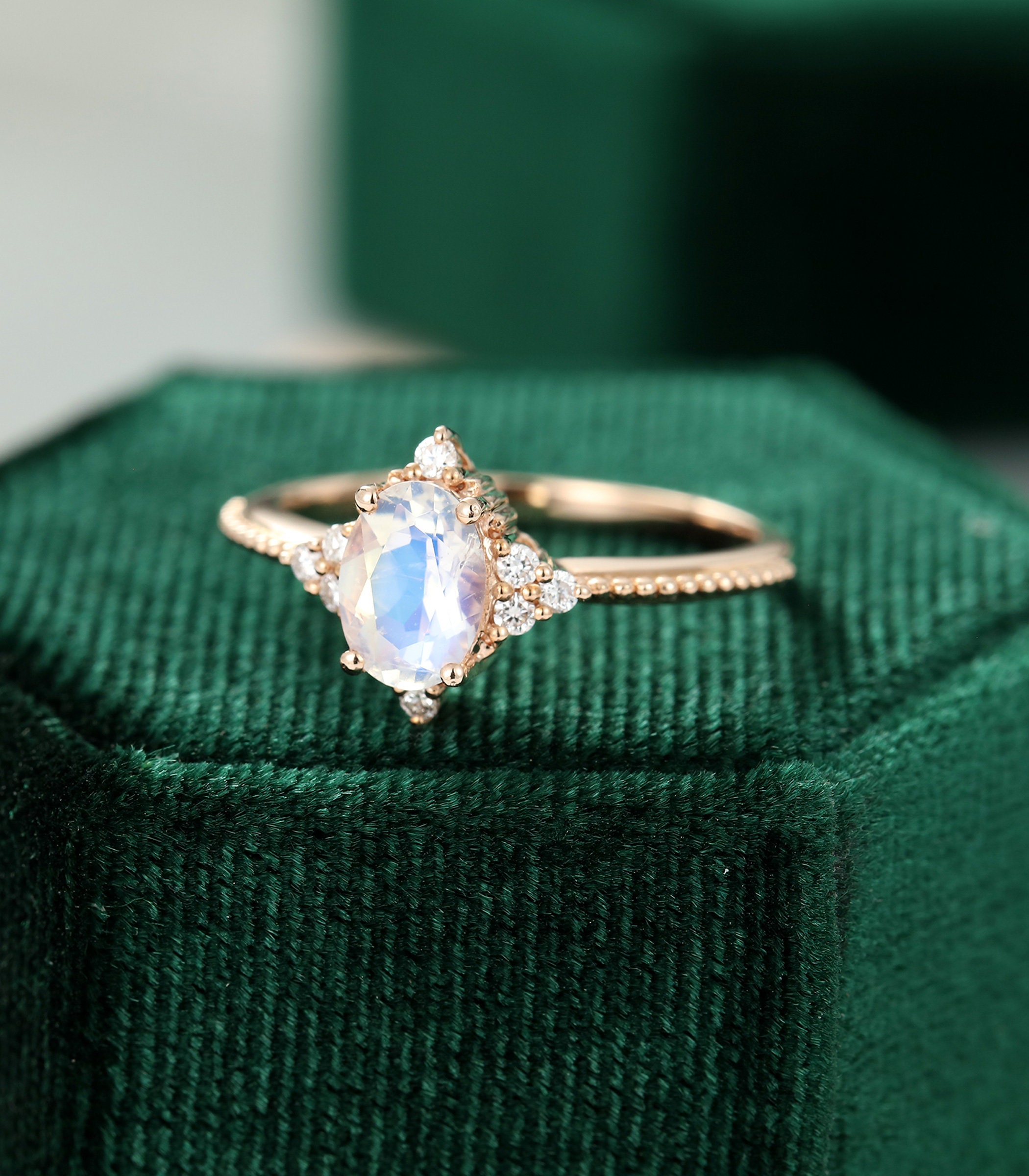 Oval Cut Moonstone Engagement Ring Rose Gold Vintage Unique - Etsy