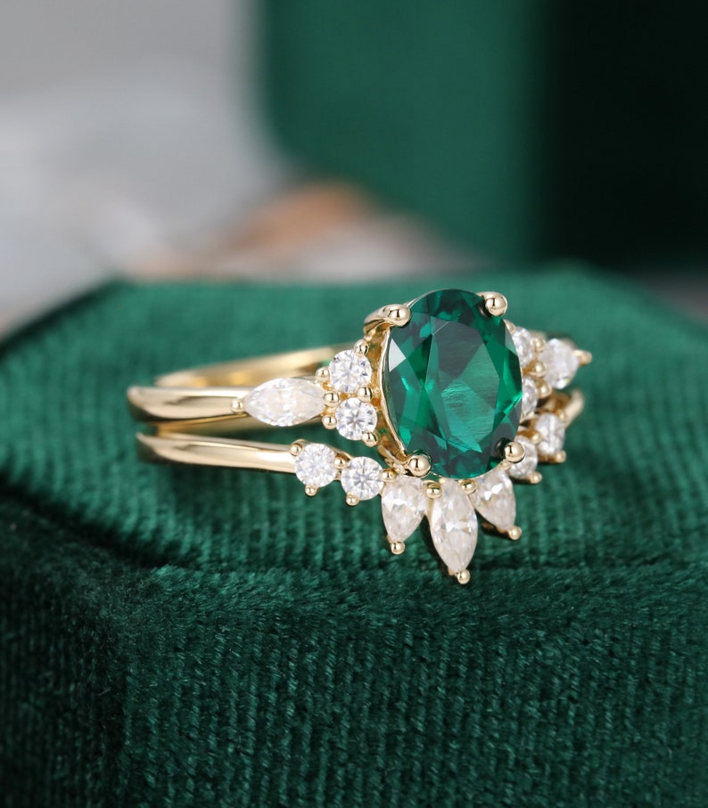 2PCS Oval Lab Emerald Engagement Ring Set Vintage Unique - Etsy