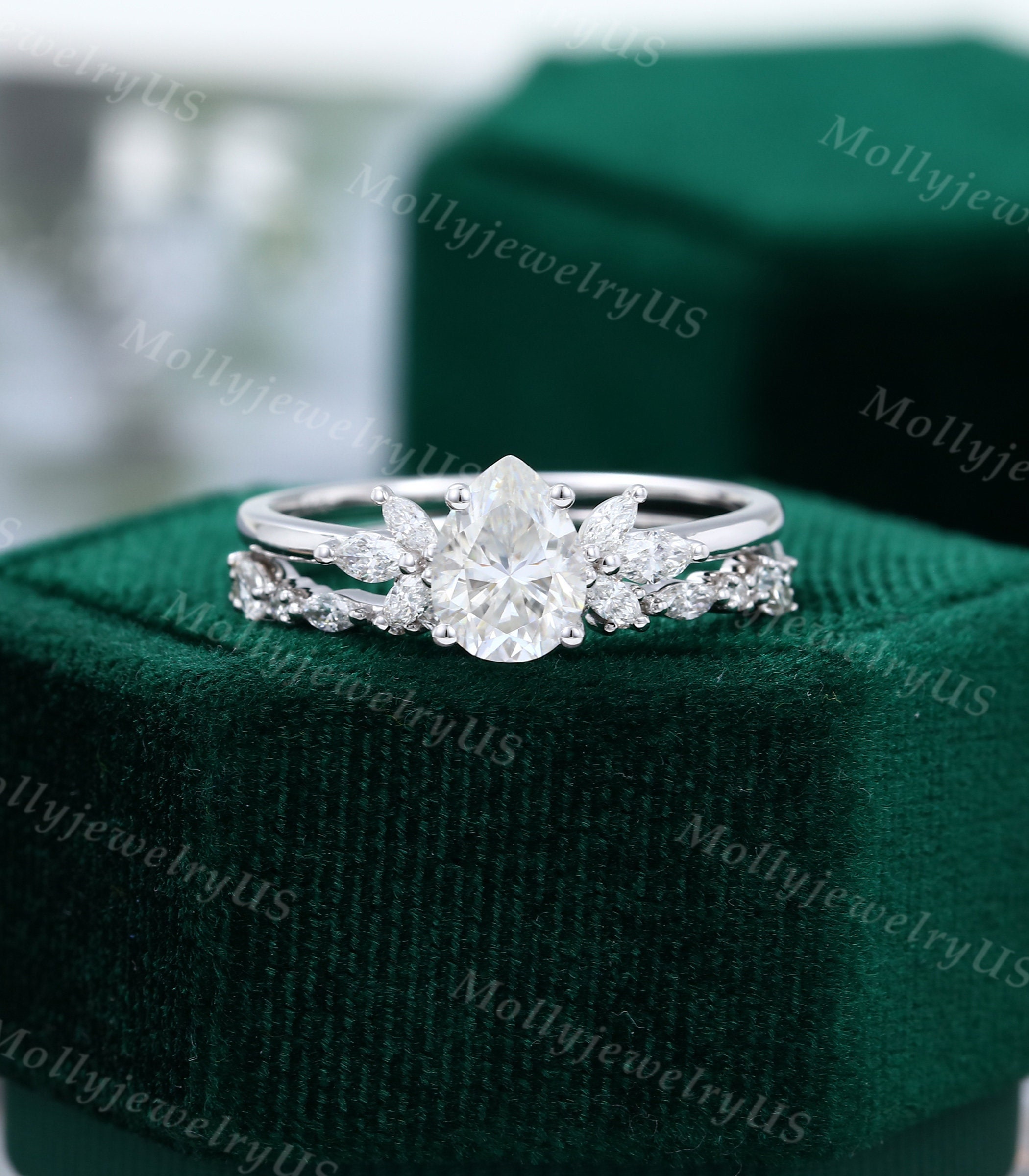 Pear Shaped Moissanite Engagement Ring Set Vintage Unique | Etsy
