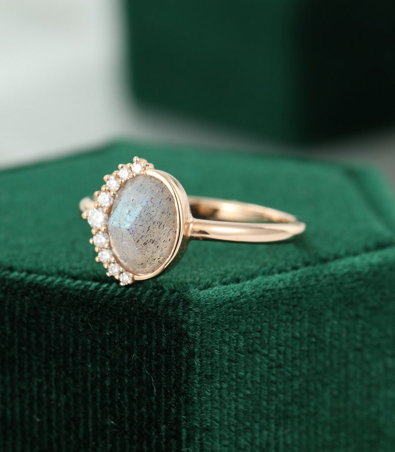 Labradorite engagement ring rose gold unique engagement ring women Oval rose cut Labradorite ring halo diamond Bridal vintage jewelry ring image 4